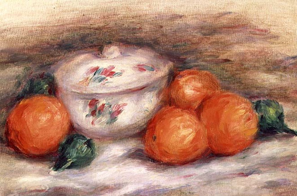 Detail of Still life with a covered dish and Oranges by Pierre Auguste Renoir