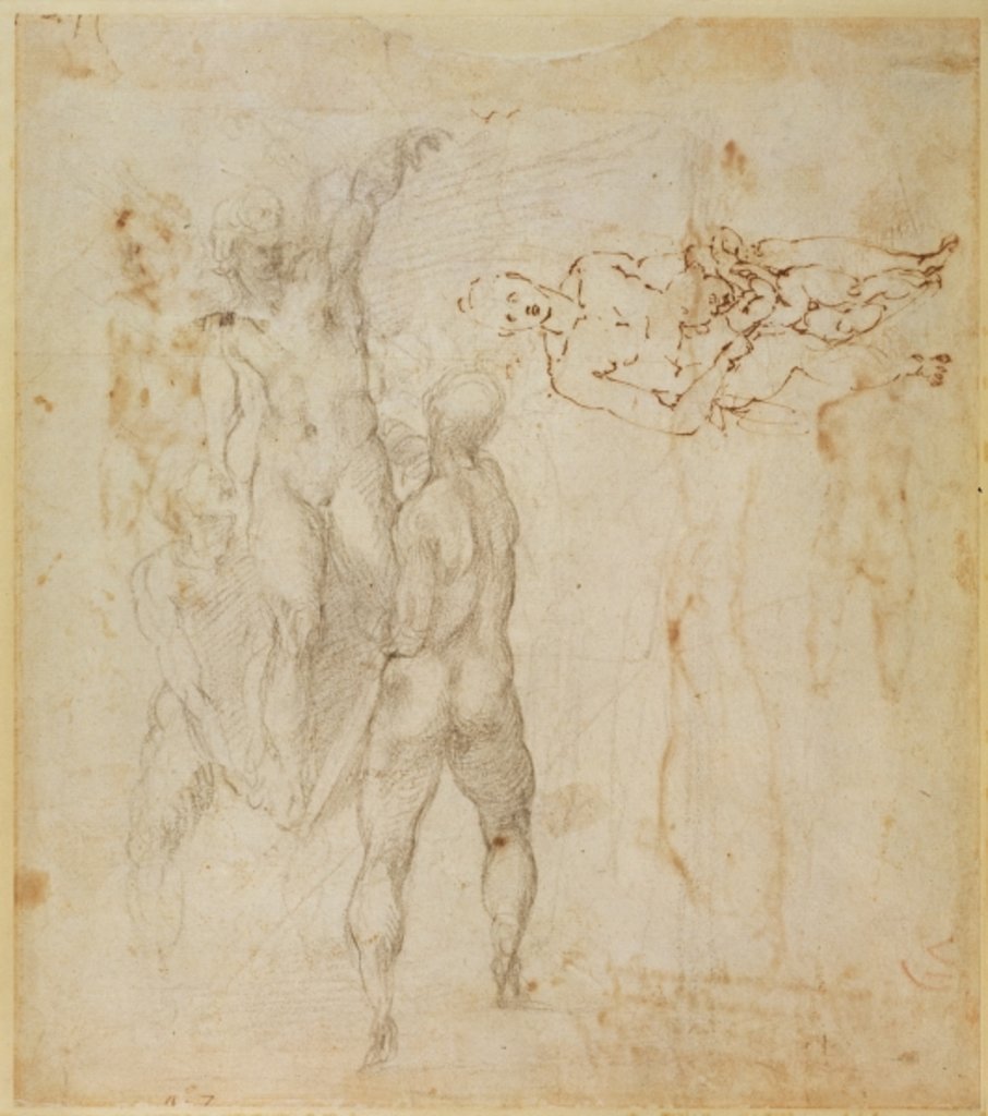 Detail of Male group and seated figure with child by Michelangelo Buonarroti