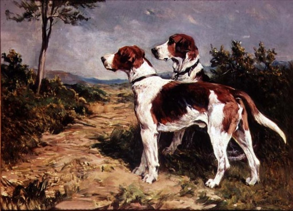 Detail of Two Hounds in a Landscape by John Emms