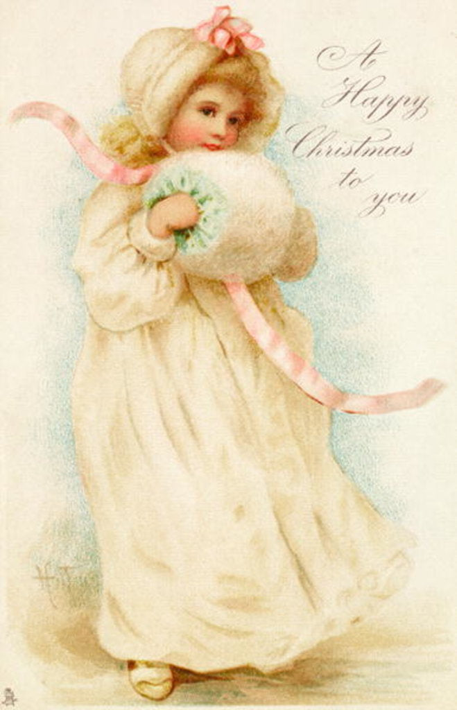 Detail of Christmas card depicting a girl with a muff by English School