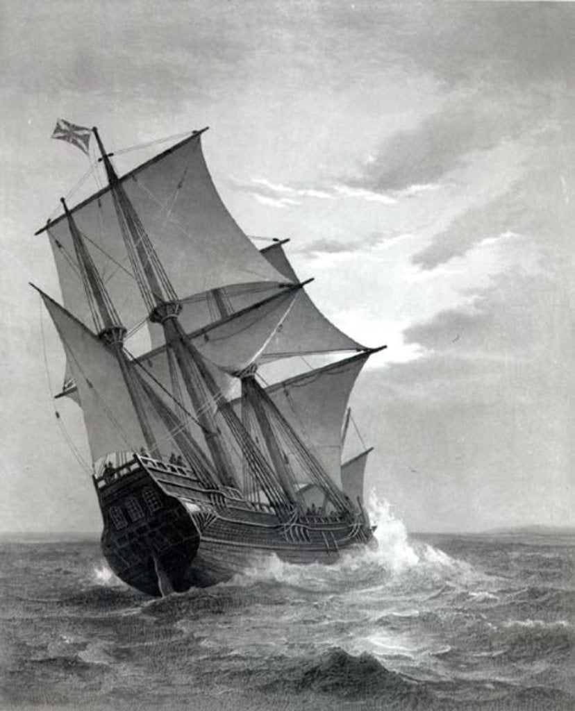 Detail of The Mayflower, engraved and pub. by John A. Lowell, Boston, 1905 by Marshall (after) Johnson