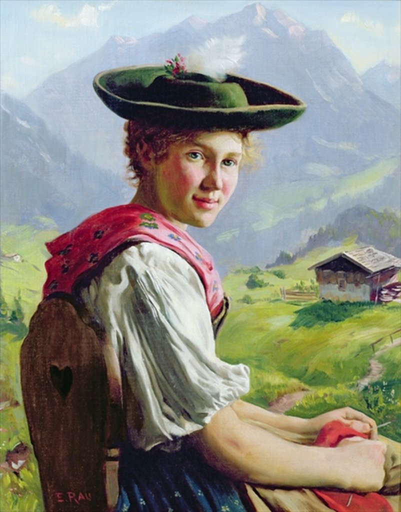 Detail of Girl with a Hat in Mountain Landscape by Emil Karl Rau