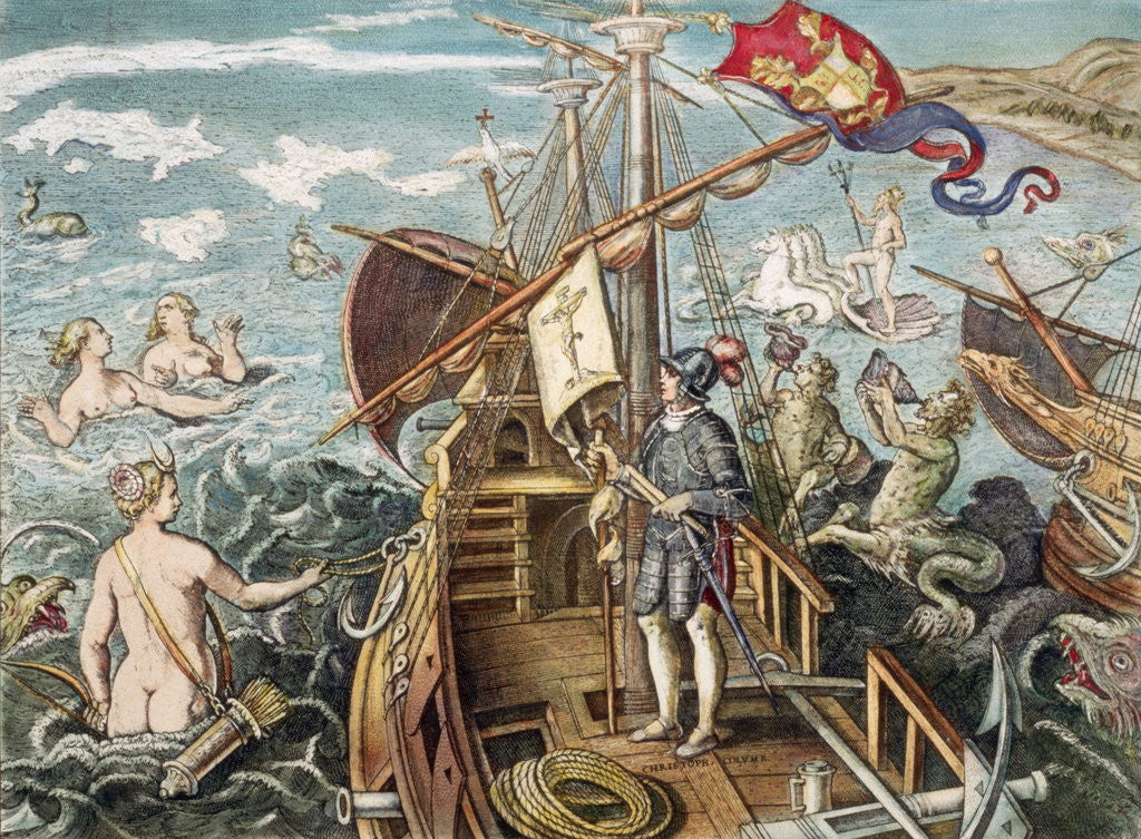 Detail of Engraving of Christopher Columbus Standing on His Ship by Corbis