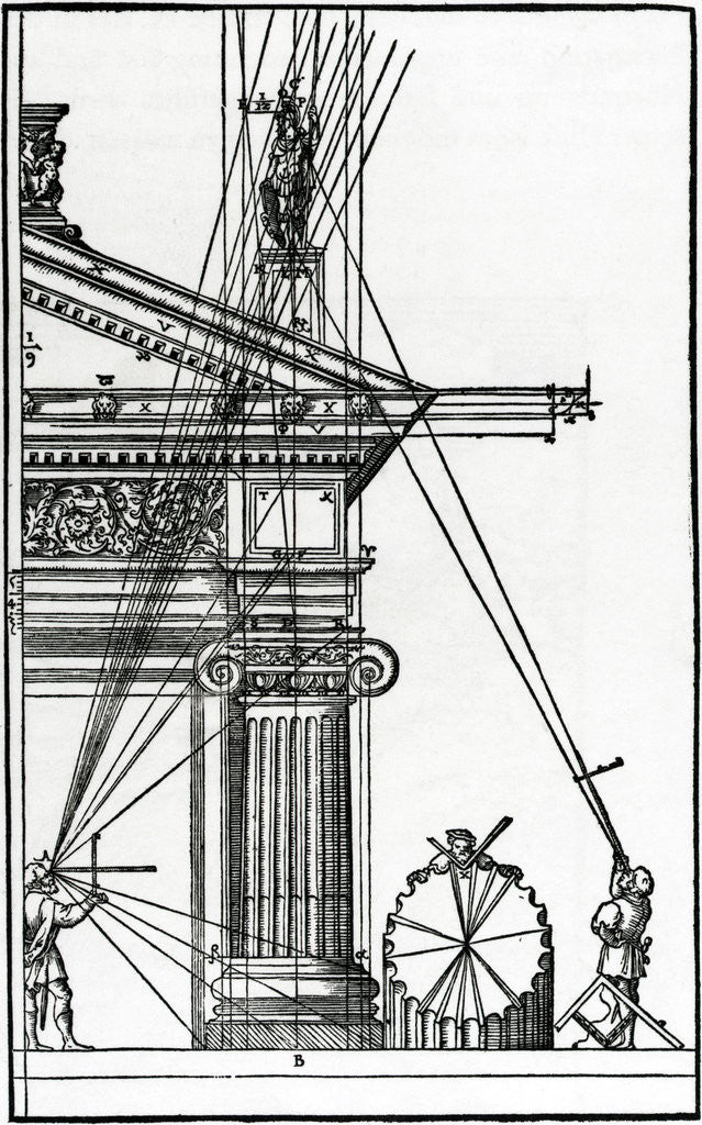 Detail of Sixteenth Century Woodcut of Engineers Surveying a Classical Building by Anonymous