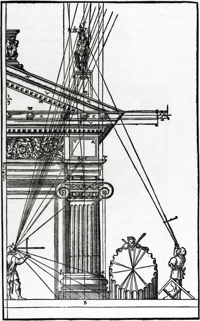 Detail of Sixteenth Century Woodcut of Engineers Surveying a Classical Building by Corbis