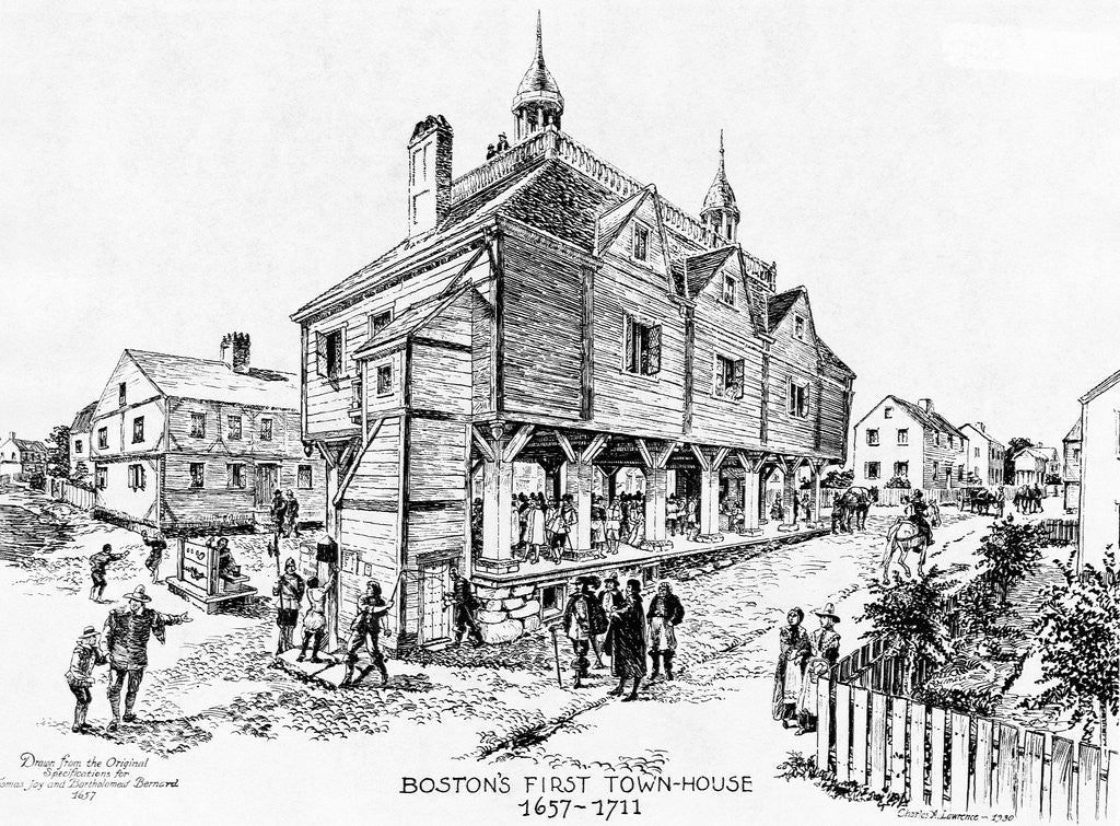Detail of Drawing of First Boston Town Hall by Charles Lawrenc