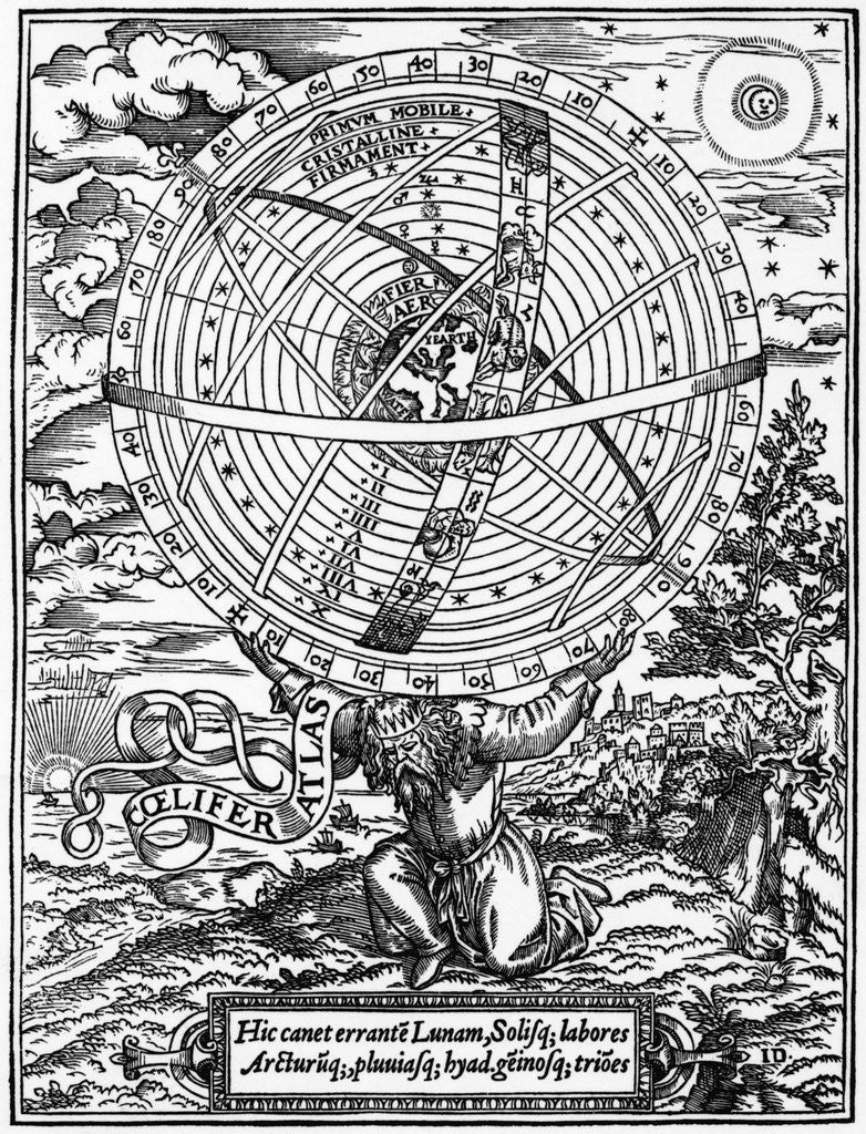 Detail of Print of Atlas Supporting a Ptolemaic Universe by Anonymous