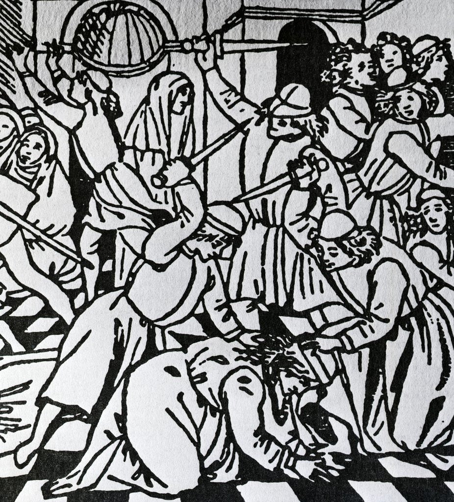 Detail of Assassination of Galeazzo Maria Sforza, tyrant of Milan, in San Stefano Church, 1476. Florentine wood by Anonymous