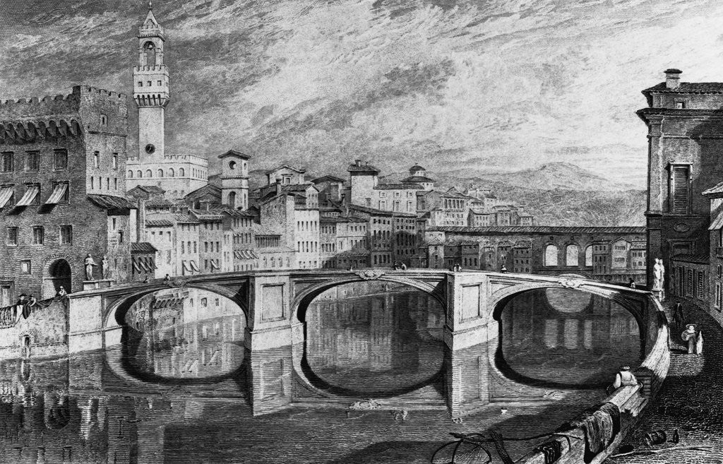 Detail of Florence, Italy: The Ponte Vecchio. Undated by J.M.W. Turner. R.A. from a finished sketch by James Iiakewill. Engraved by S. Rawle