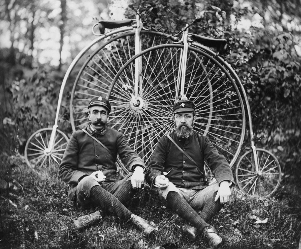 Detail of Early Bicyclists Taking a Break by Highwheelers