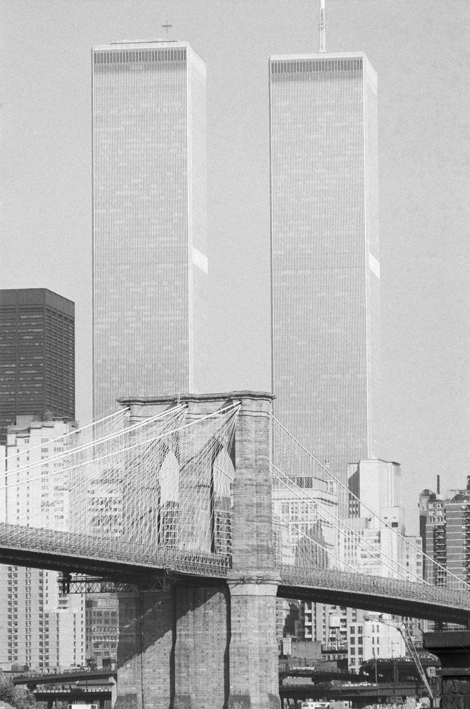 Detail of Brooklyn Bridge and World Trade Center Towers by Anonymous