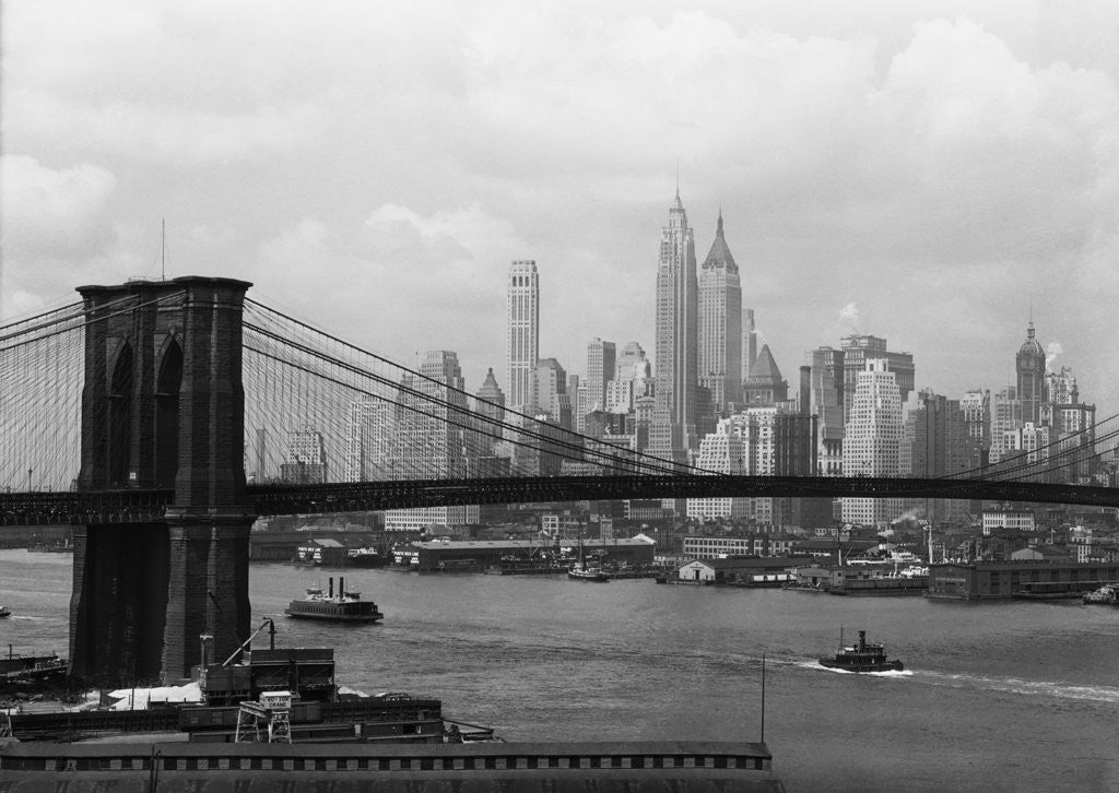 Detail of Manhattan Skyline And Brooklyn Bridge by Anonymous