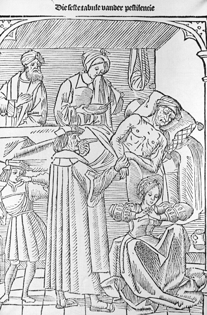 Detail of Woodcut of Plague Patient Surrounded By Doctors by Corbis