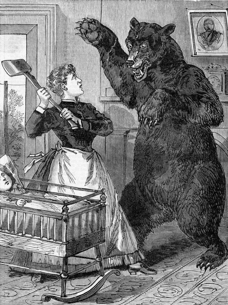 Detail of Woman With Axe Fights Bear; Woodcut by Anonymous