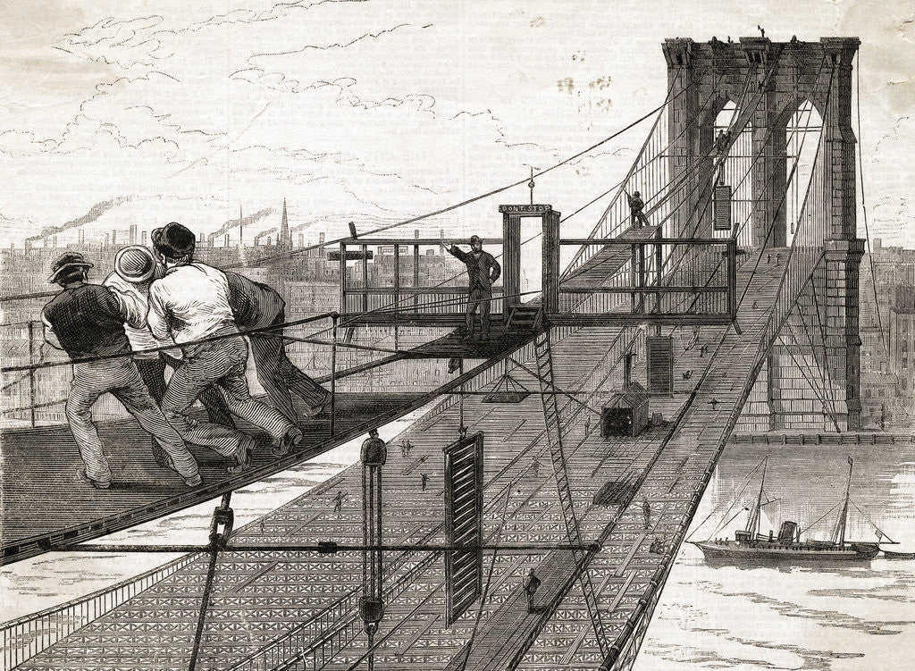 Detail of Building Of Brooklyn Bridge by Anonymous