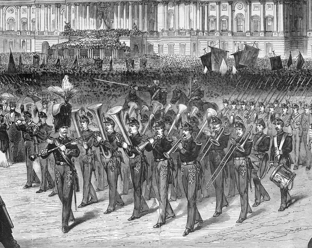 Detail of Military Band Marching In Front Capitol by Anonymous