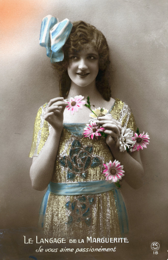 Detail of French Postcard of Woman Holding Flowers by Corbis