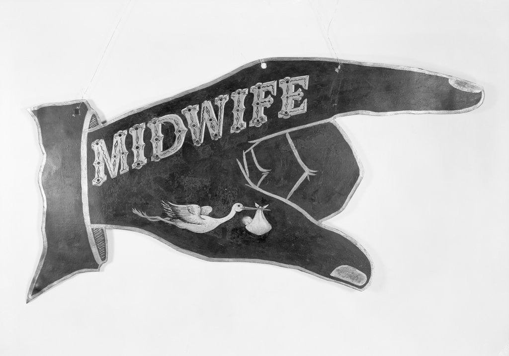 Detail of Hand Shaped Sign Advertising for a Midwife by Anonymous