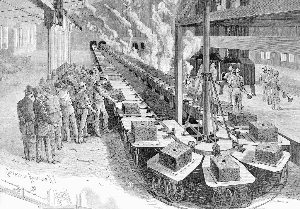 Detail of Engraving of Early Westinghouse Assembly Line by Anonymous