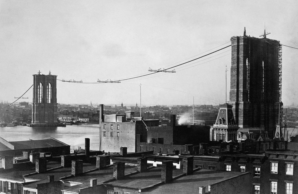 Detail of Brooklyn Bridge Under Construction by Anonymous