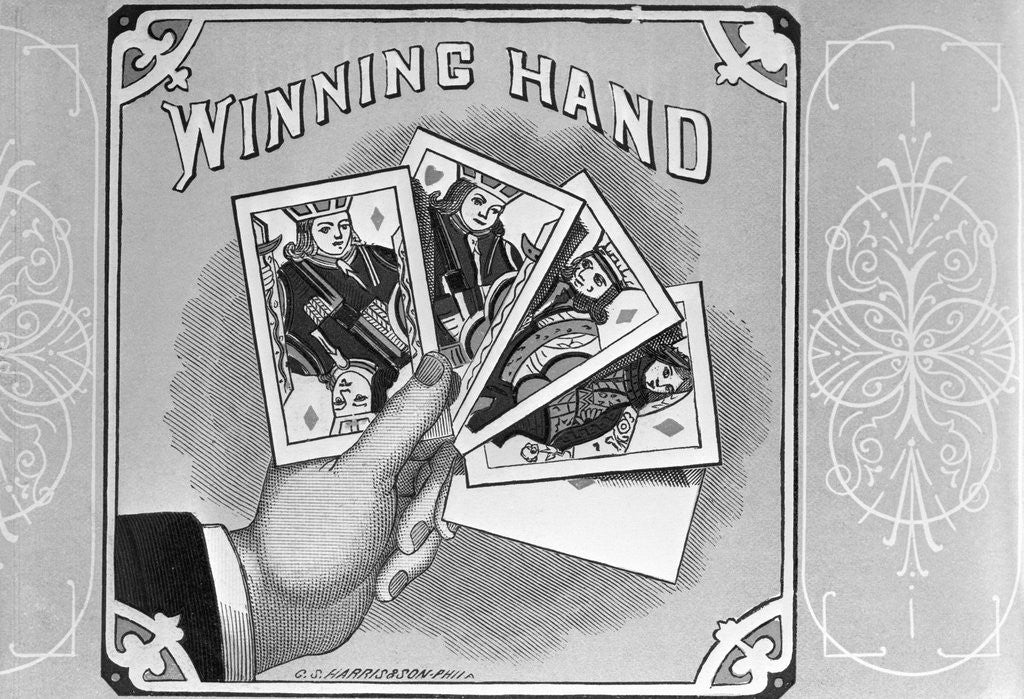 Detail of Woodcut Of Winning Hand Holding Cards by Anonymous