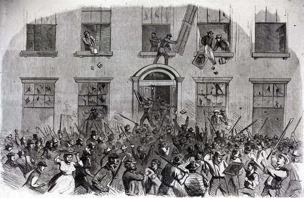 Detail of 19th-Century Print of Rioters Attacking Brownstones by Anonymous