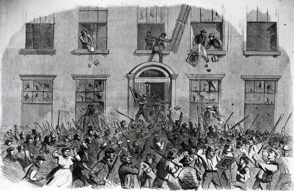 Detail of 19th-Century Print of Rioters Attacking Brownstones by Corbis