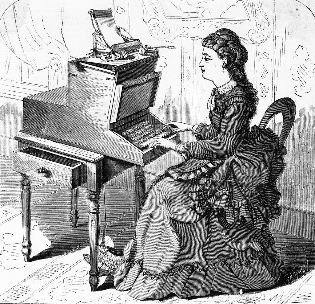 Detail of 19th-Century Woodcut of a Young Woman Typing by Corbis