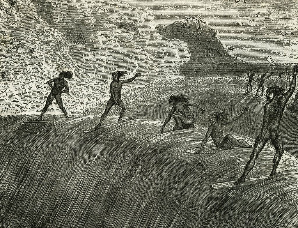 Detail of Illustration of Hawaiian Natives Surfing On High Wave by Anonymous