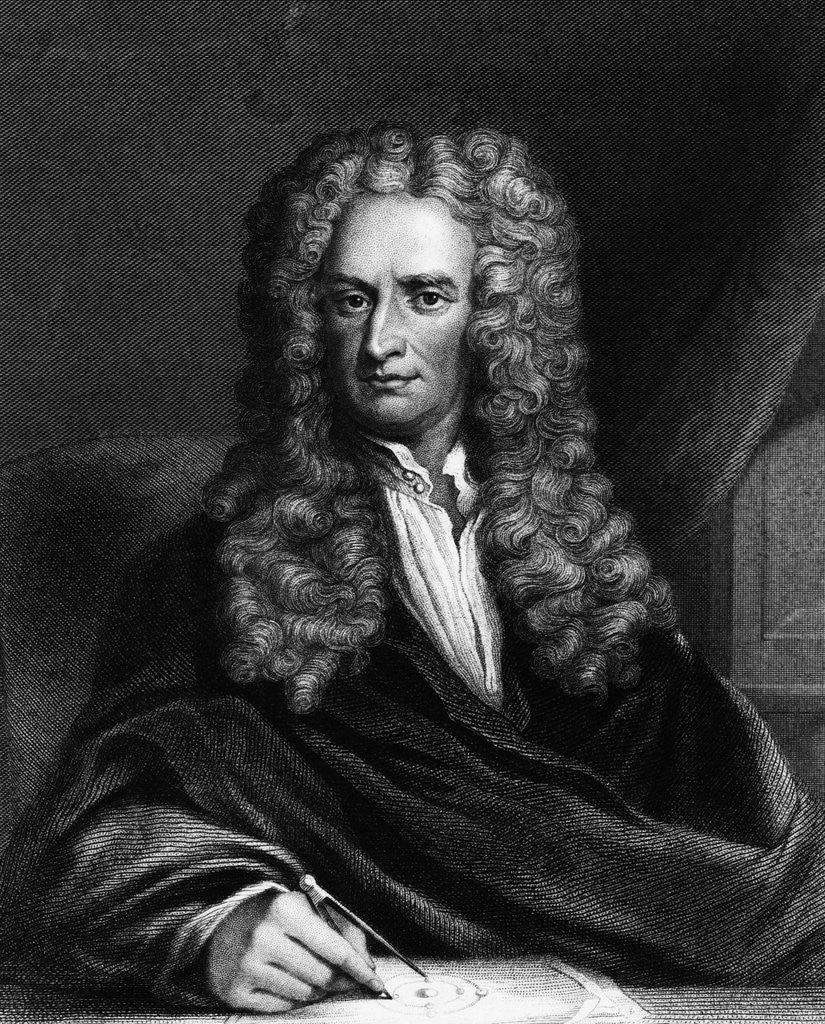 Detail of Engraving of Sir Isaac Newton Seated at a Table by Corbis