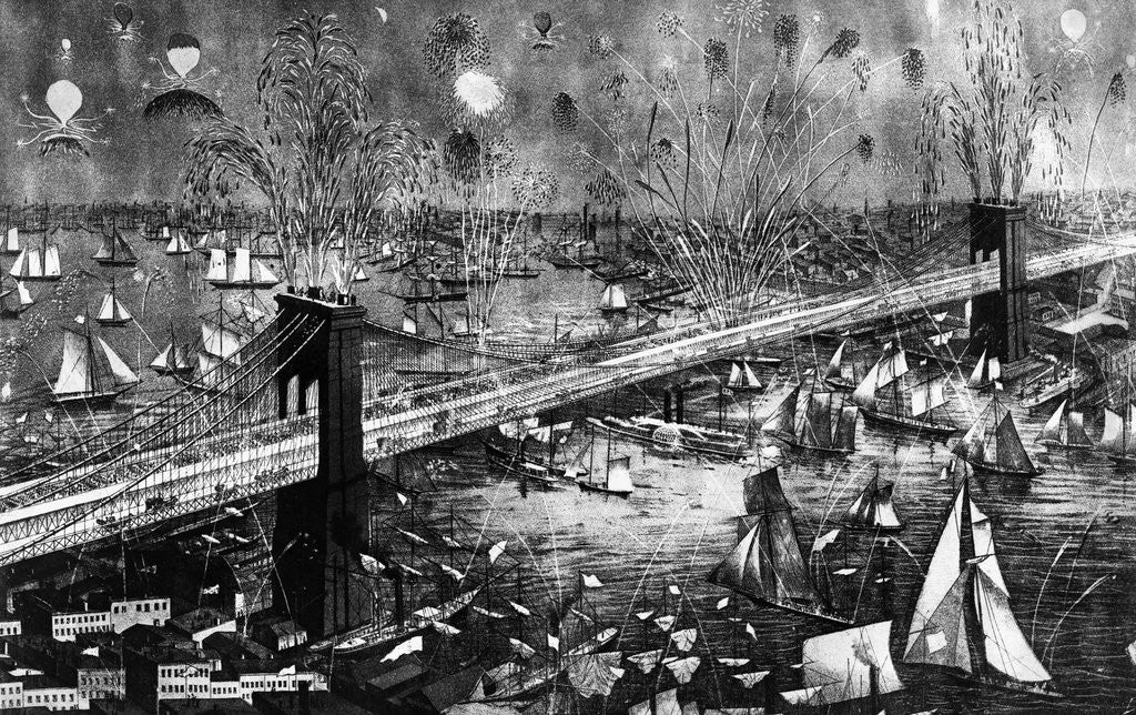 Detail of Fireworks Display Over Brooklyn Bridge by Anonymous