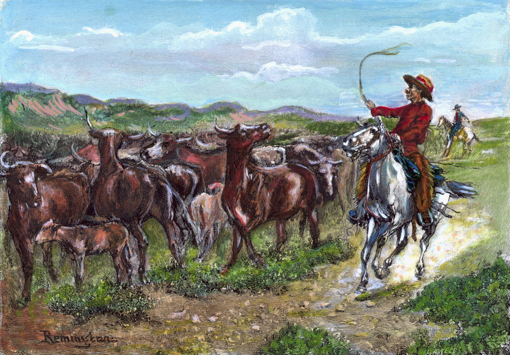 Detail of Engraving of Cowboys & Cattle by Frederick Remington