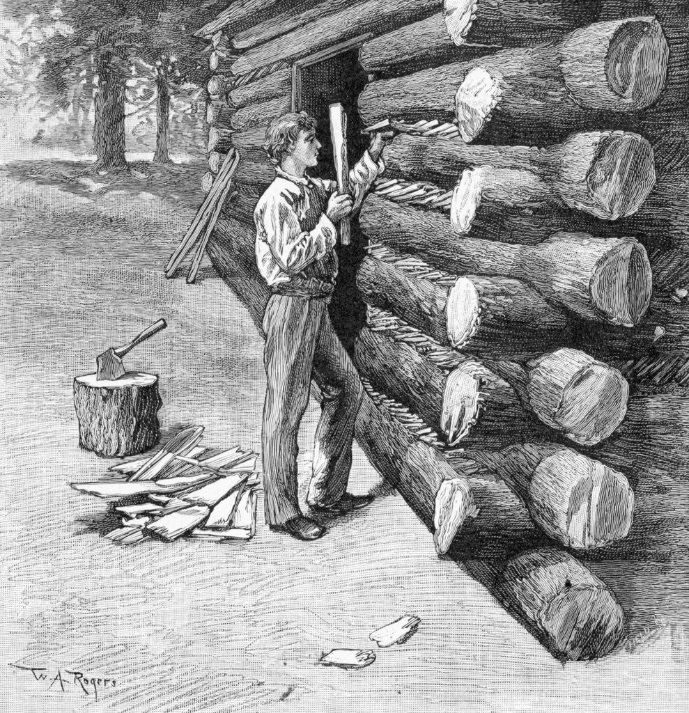 Detail of Man Working On Log Cabin Full Length by Anonymous
