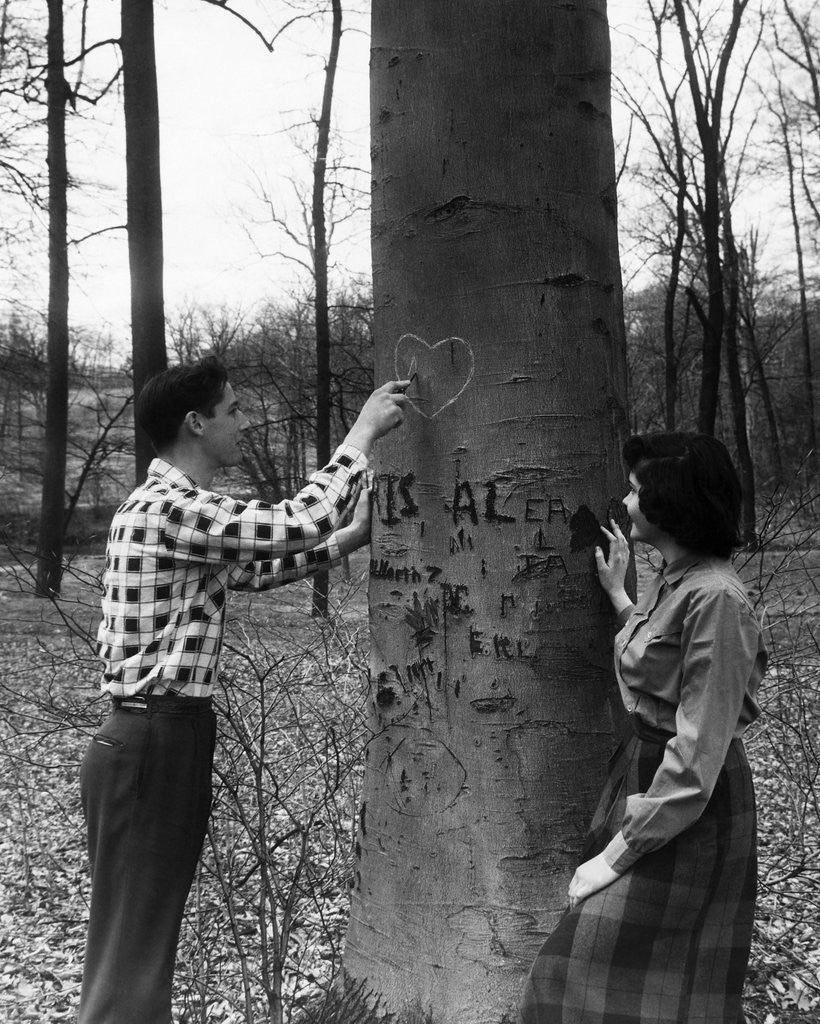 Detail of Teenagers Carving Initials on a Tree by Corbis
