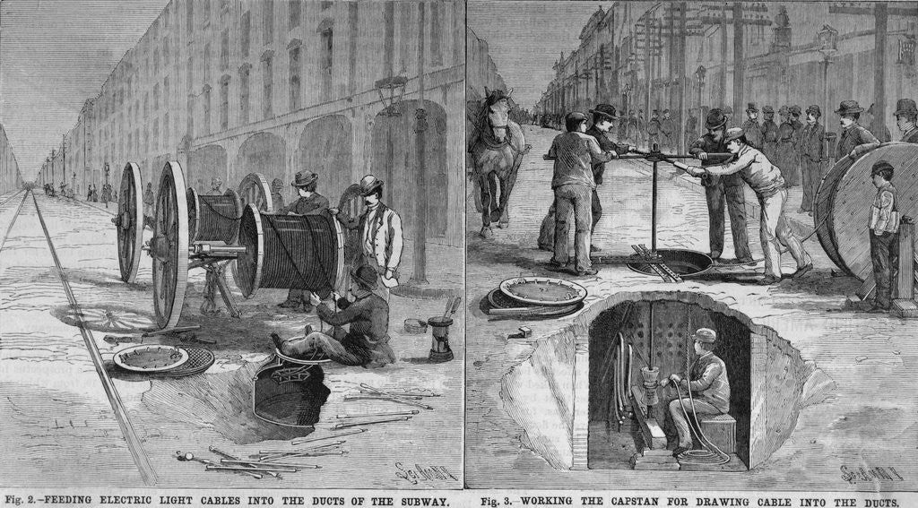 Detail of Feeding Electric Light Cable Into Subway by Anonymous