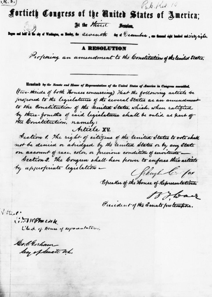 Detail of Manuscript of Fifteenth Amendment to the Constitution by Corbis