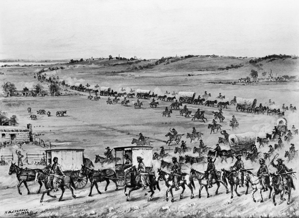 Detail of First Covered Caravan Of Horses Wagons by Anonymous