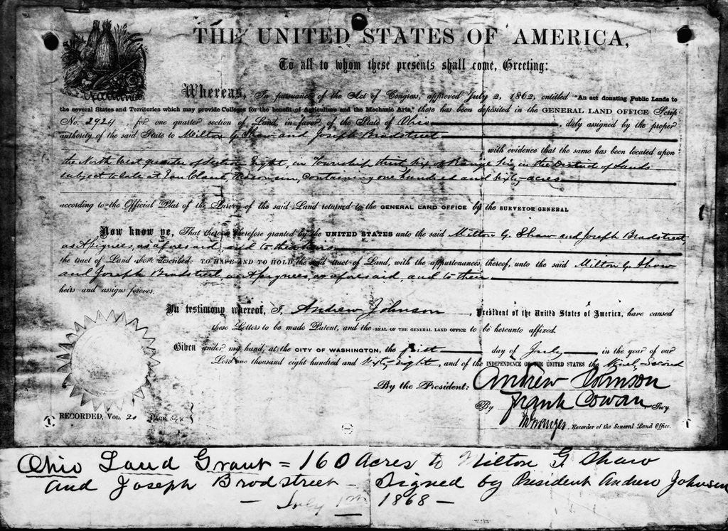 Detail of Ohio Land Grant Certificate 1868 Documen by Anonymous