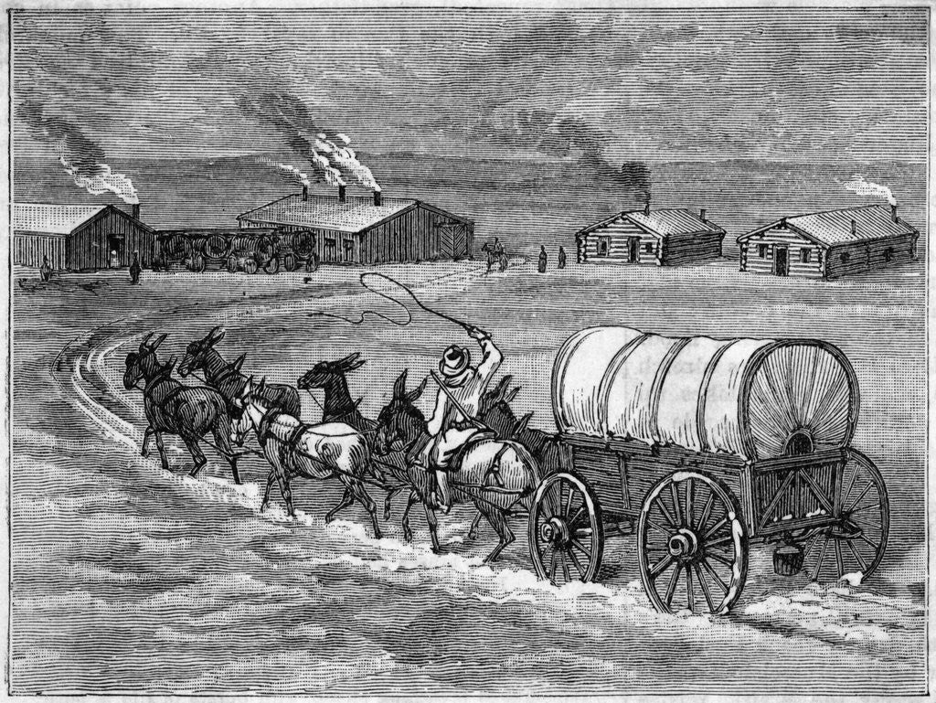 Detail of Covered Wagon Approaching Log Cabins by Anonymous