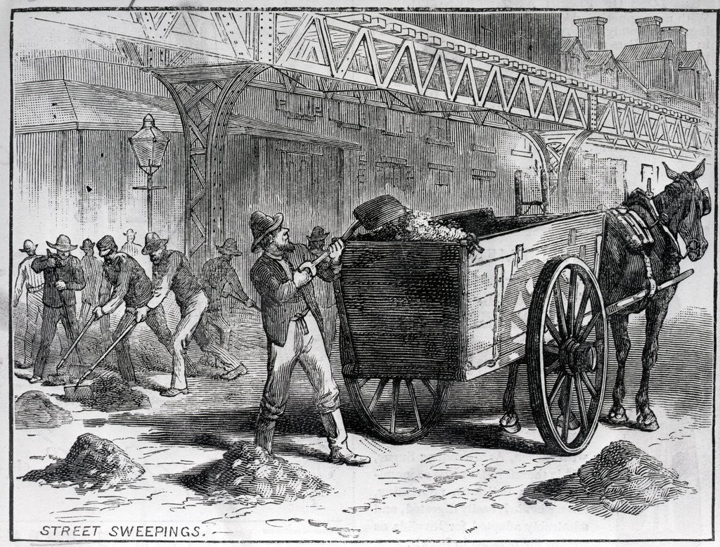 Detail of Man Shovels Garbage Into Cart; Woodcut by Anonymous