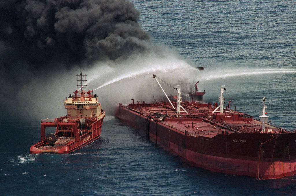 Detail of Boat Pours Water On Burning Oil Tanker by Corbis