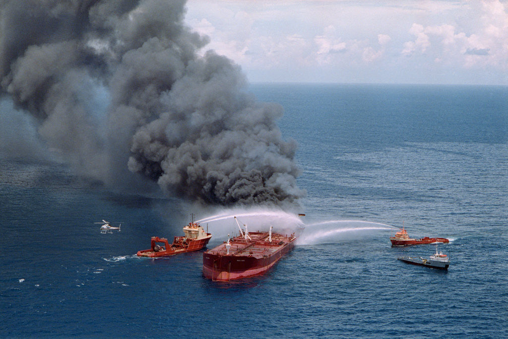 Detail of Fireboats Spraying Burning Mega Borg Tanker by Anonymous