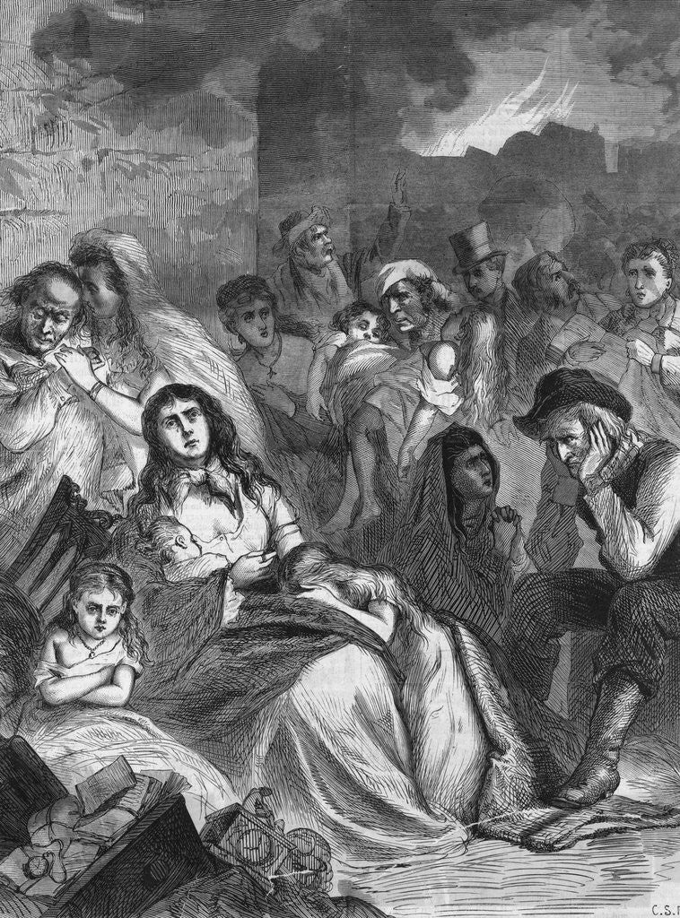 Detail of Illus Of Families Huddled Bkgrd Fire by Anonymous