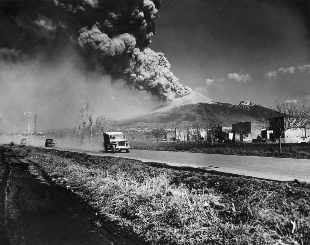 Detail of Jeeps Spped Away As Vesuvius Spits Cloud by Anonymous