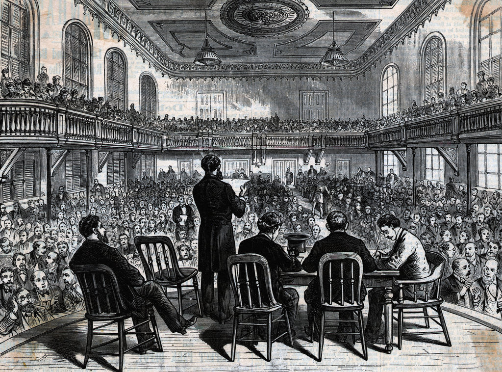 Detail of Woodcut Audience Listens To Speaker by Anonymous