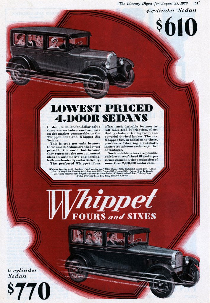 Detail of Color Advertisement for Whippet Cars with Full Cars by Anonymous