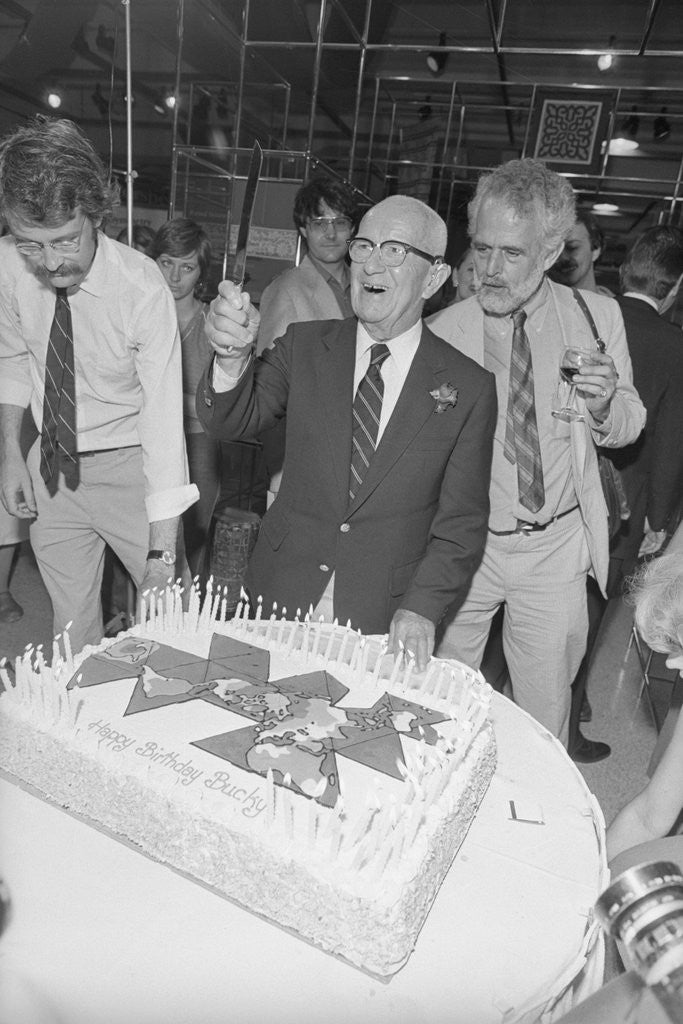 Detail of Buckminster Fuller Cutting Birthday Cake by Corbis