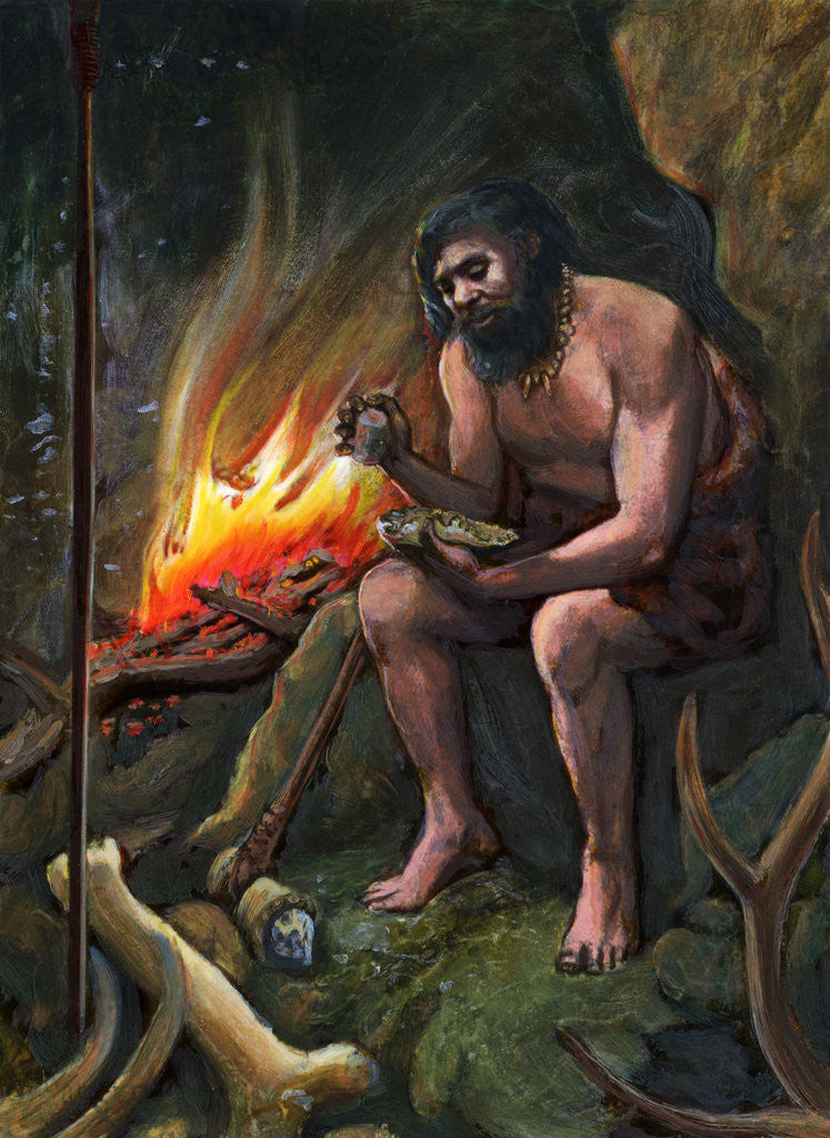 Detail of Illustration of a Prehistoric Man Making a Tool by Corbis