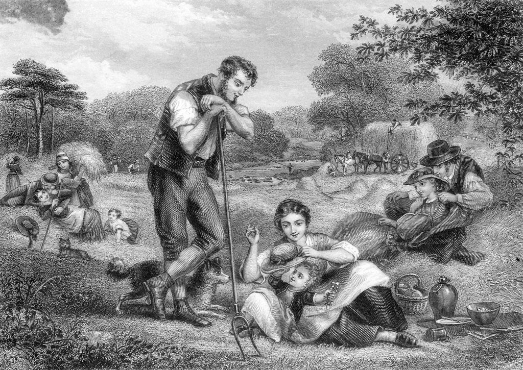 Detail of Farmer With Pitchfork Watches Family by Anonymous