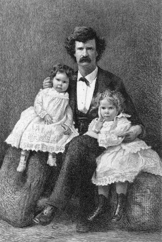 Detail of Samuel Clemens Holding Daughters/Etching by Anonymous